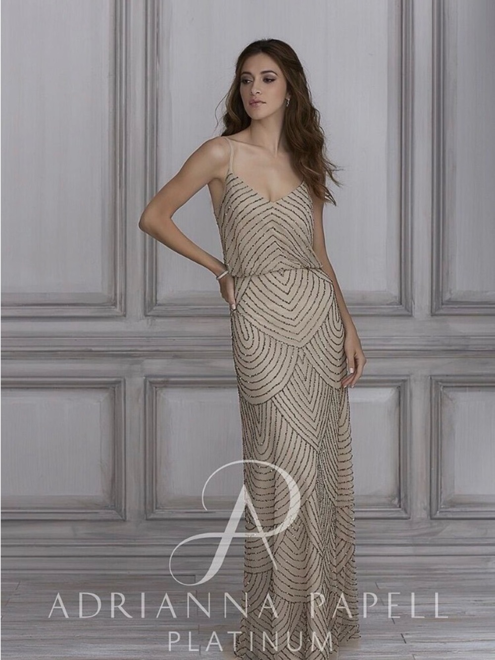 Adrianna Papell Champagne Gold Beaded Art Deco Blouson Gown Wedding Sz 16 NWT - Picture 5 of 16
